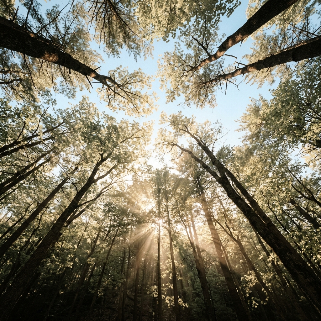 Looking up through the forest canopy — the space between who you are and who you are becoming